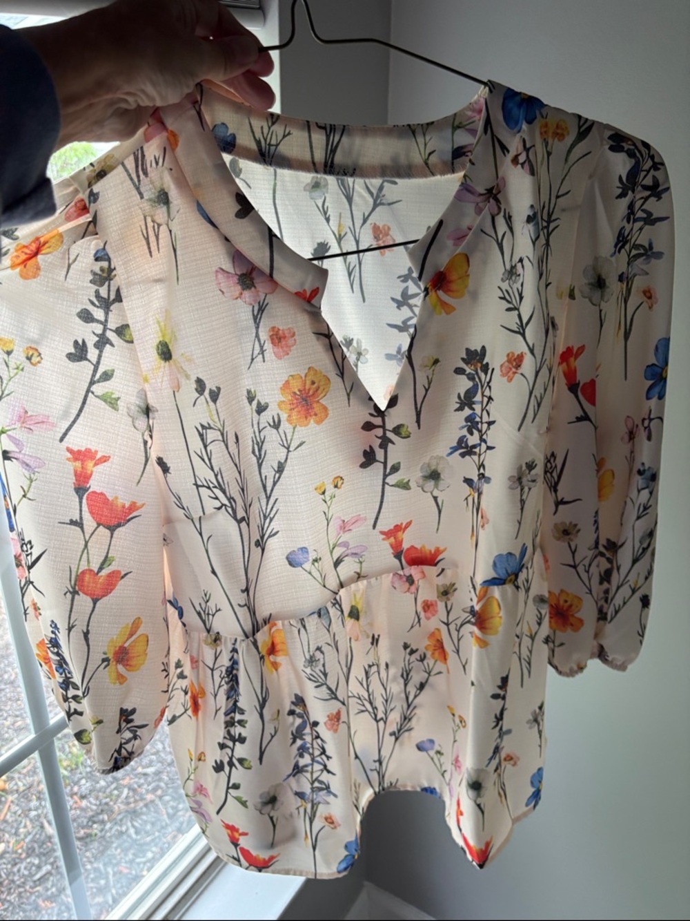 Floral V-Neck Puff Sleeve Blouse - Cream with Multicolor Floral Print